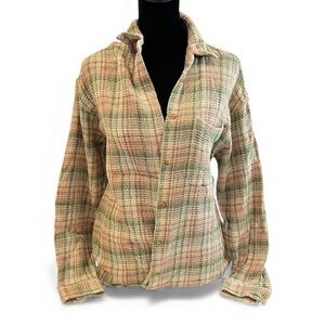 vintage tan and green plaid knit long sleeve button up jacket top medium